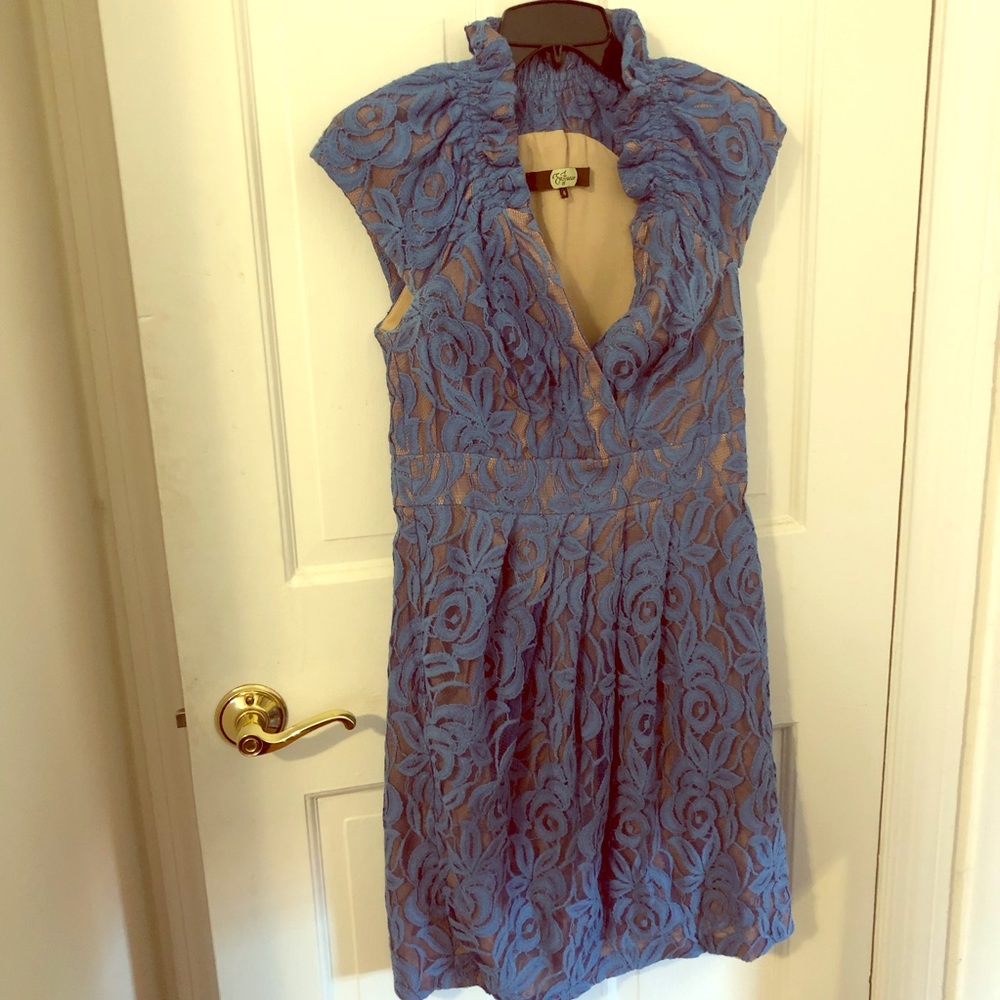 Eva Franco High-Neck Blue Lace Overlay Dress